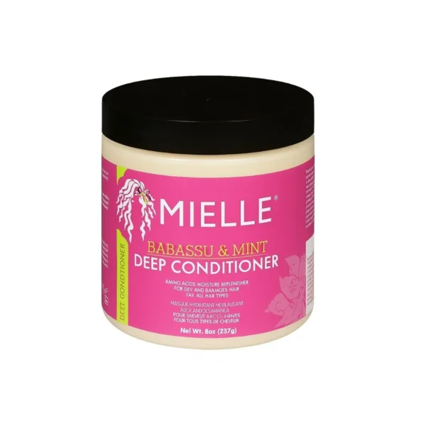 Mielle Babassu Oil and Mint Deep Conditioner, green bottle, intense moisture for dry or damaged hair.