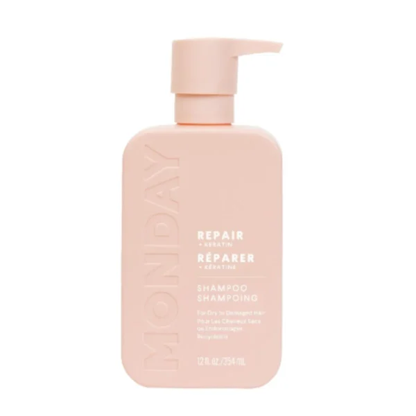 MONDAY Haircare Repair + Keratin Shampoo, pink bottle, restores damaged hair.