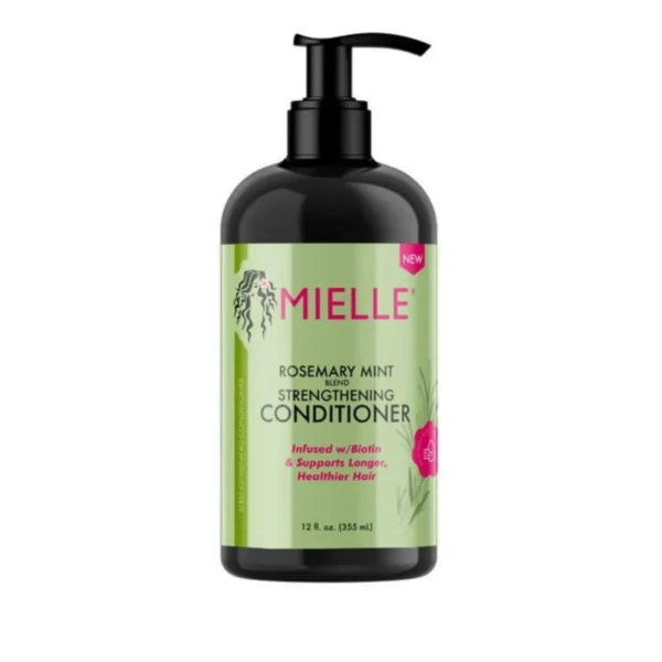 Mielle Rosemary Mint Strengthening Conditioner - Green bottle, promotes hair growth and shine.