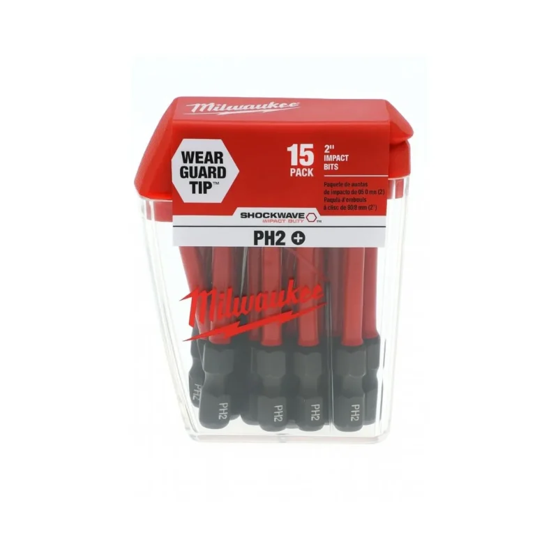 15-pack of Milwaukee 2" Shockwave Impact Duty PH2 Phillips bits. Black, durable, and built to last.