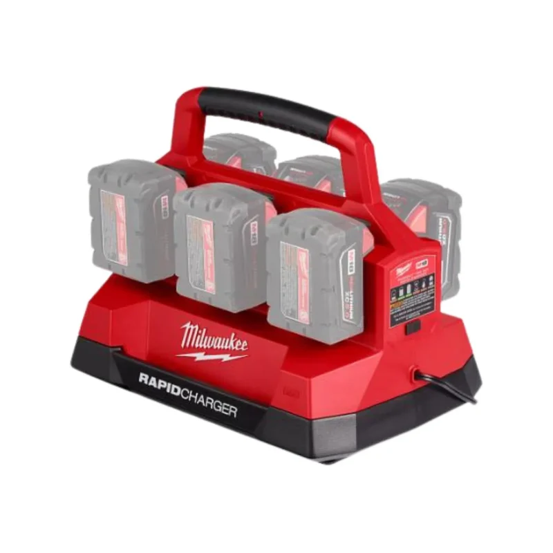 Milwaukee M18 PACKOUT 6-Port Rapid Charger, red and black, charging six batteries simultaneously.