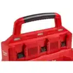 Milwaukee M18 PACKOUT 6-Port Rapid Charger, red and black, charging six batteries simultaneously.