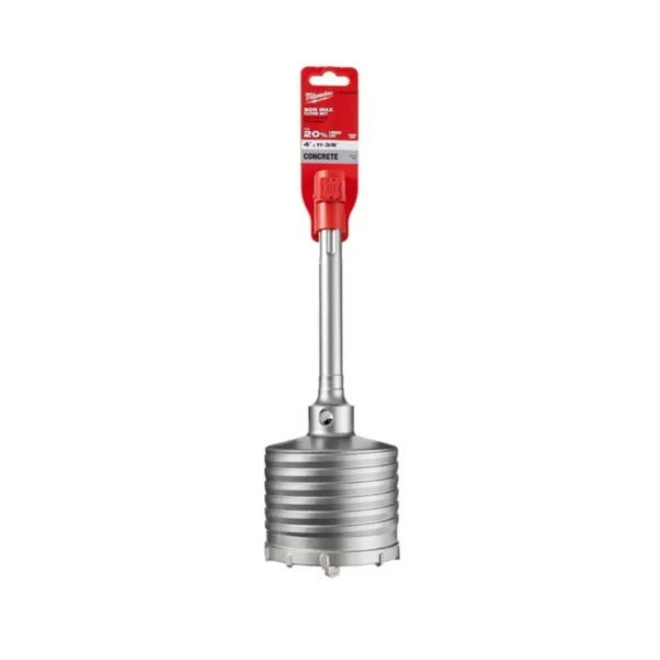 Milwaukee 4-inch x 11-3/8-inch SDS-MAX Core Bit, black and red, for concrete and masonry drilling.