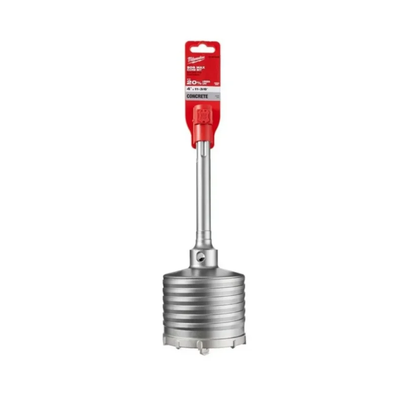 Milwaukee 4-inch x 11-3/8-inch SDS-MAX Core Bit, black and red, for concrete and masonry drilling.