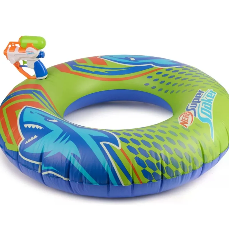 Nerf Super Soaker Hydro Battle Ride-On Cruiser inflatable pool float in blue, orange & white. Perfect for summer fun!