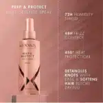 Nexxus Heat Defense Spray protects hair up to 450 degrees, delivering 72H humidity shield & 48H frizz control.