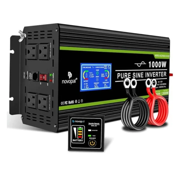 Novopal 1500W Pure Sine Wave Power Inverter with 4 AC Outlets, USB Port, and Remote Control. Black.