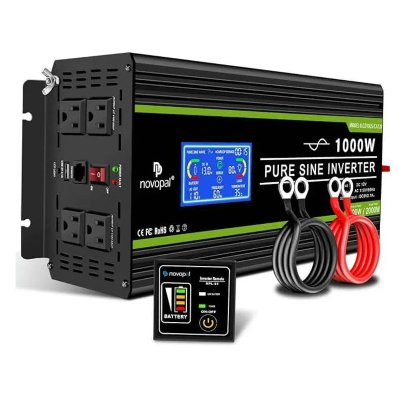 Novopal 1500W Pure Sine Wave Power Inverter with 4 AC Outlets, USB Port, and Remote Control. Black.