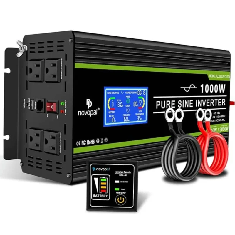 Novopal 1000-watt power inverter with 4 AC outlets, USB port, remote, and LCD display.