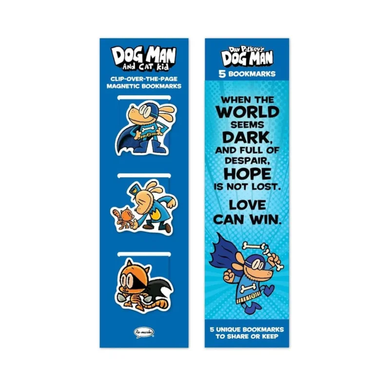 Set of Dog Man and Cat Kid magnetic page clips and bookmarks. Perfect for young readers!