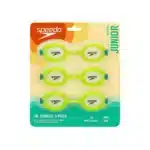 Three Speedo Jr. swim goggles in green, featuring anti-fog and UV protection.