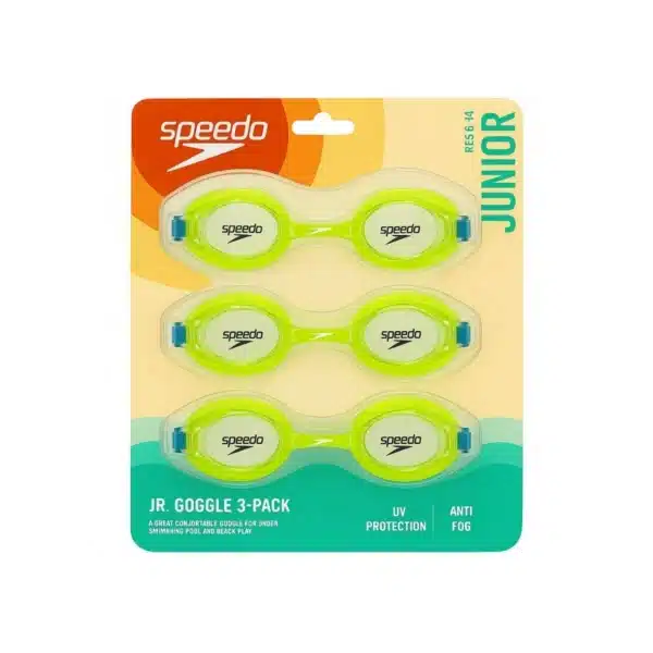 Three Speedo Jr. swim goggles in green, featuring anti-fog and UV protection.