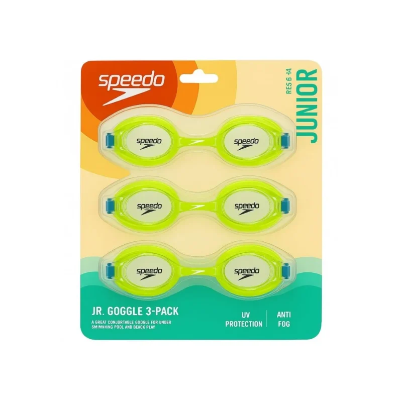 Three Speedo Jr. swim goggles in green, featuring anti-fog and UV protection.