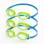 Three Speedo Jr. swim goggles in green, featuring anti-fog and UV protection.