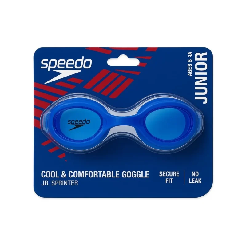 Blue Speedo Junior Sprinter Swim Goggles, secure fit, anti-fog, UV protection, ages 6-14.