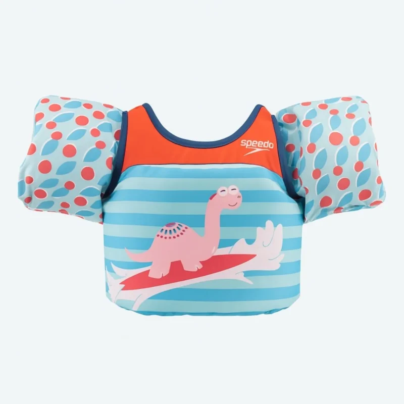Speedo Splash Jammer Life Jacket, Dinosaur design, for kids 33-55 lbs, ensures safe summer fun in Toronto pools.