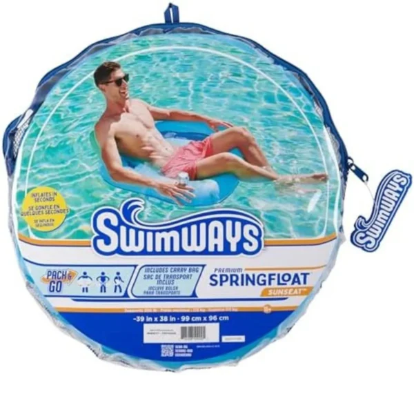 Sky blue SwimWays Spring Float Premium SunSeat inflatable pool chair for adults, perfect for relaxing in the sun.