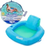 Sky blue SwimWays Spring Float Premium SunSeat inflatable pool chair for adults, perfect for relaxing in the sun.
