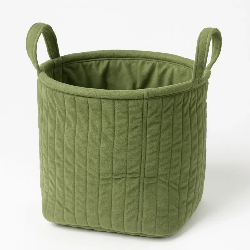 Elegant green velvet storage bin with handles, perfect for home organization. Shop local in Toronto!