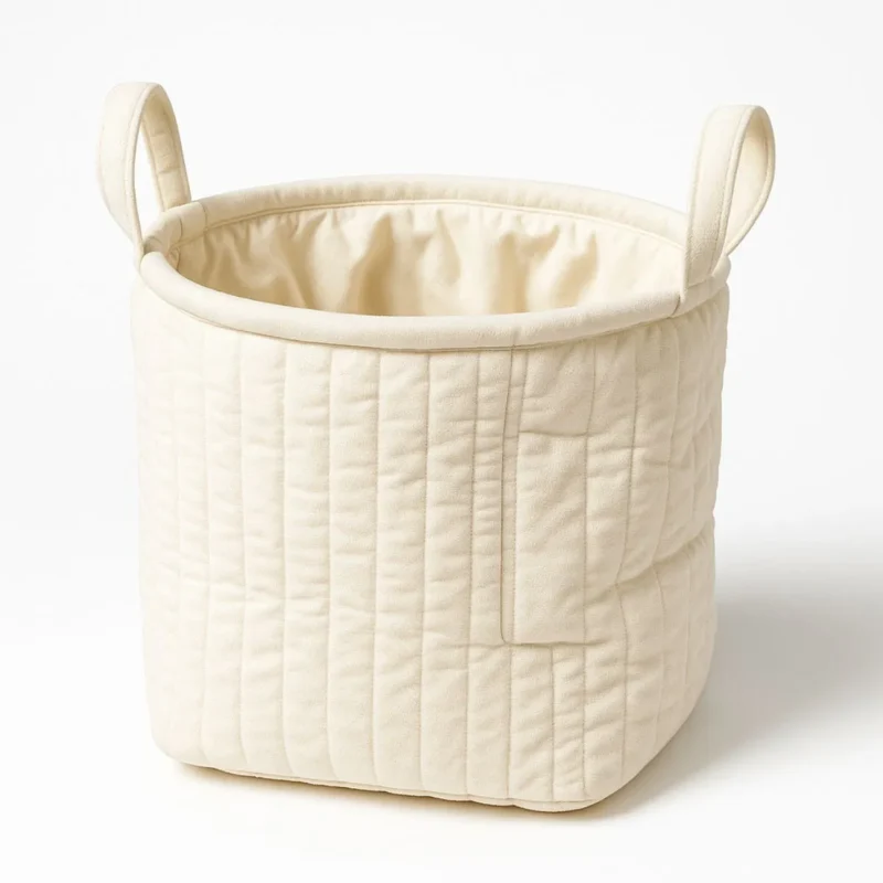 Off-white velvet storage bin with handles, perfect for home organization. 13" wide x 14" tall.