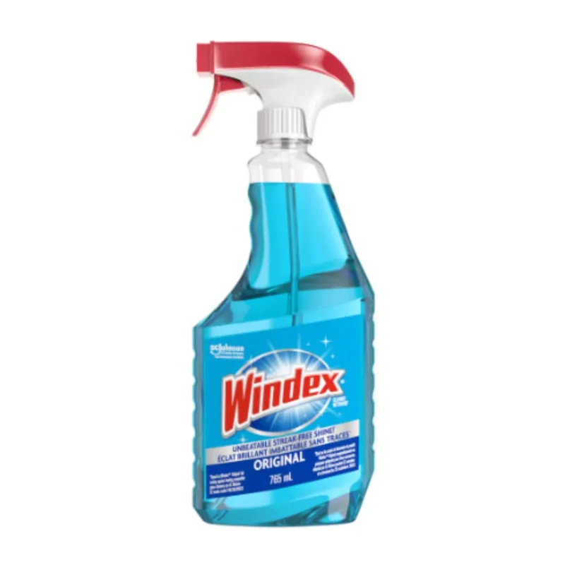 Windex Glass Cleaner, 765ml, streak-free shine, blue bottle, made with coastal plastic.
