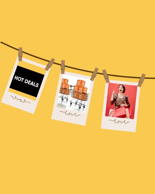 Conceptual image for Pay4More's payment service, showing pictures of 'HOT DEALS' signs and items you can buy, illustrating easy and smart shopping.
