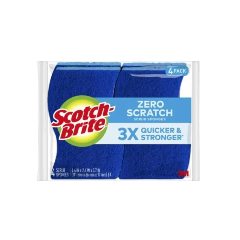 Four 3M Scotch-Brite blue and yellow non-scratch sponges, perfect for cleaning delicate surfaces.