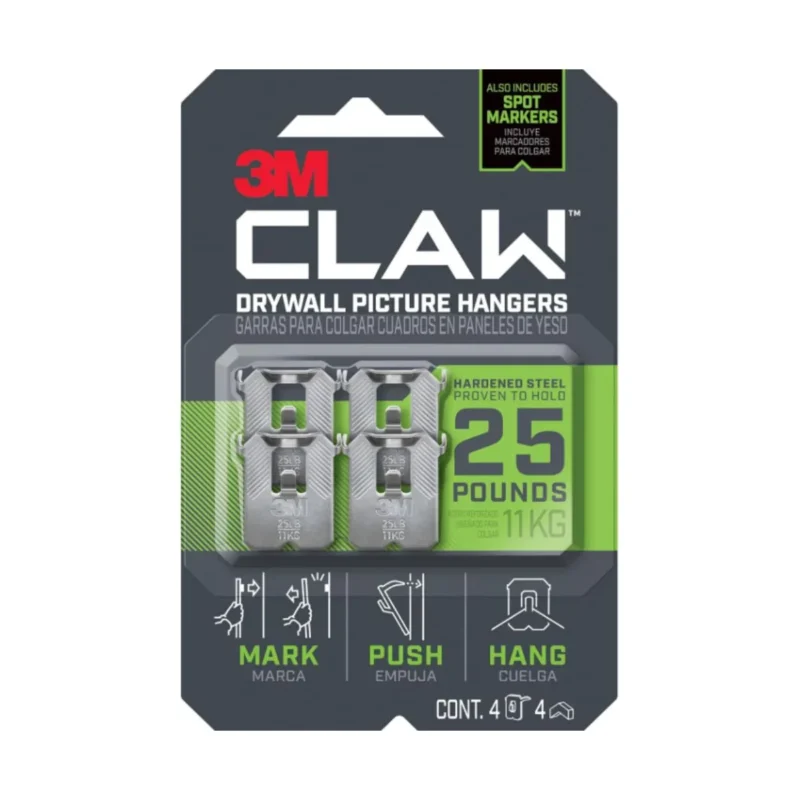 Four 3M Claw drywall picture hangers, white, 25lb capacity each, easy installation.
