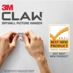 Four 3M Claw drywall picture hangers, white, 25lb capacity each, easy installation.