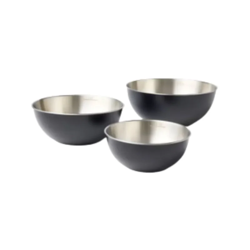 Set of 3 Figmint stainless steel mixing bowls (5qt, 3qt, 1.5qt) with non-slip bottoms. Silver.