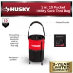 Husky 5-in. 10-Pocket Water-Resistant Utility Tool Bag with Drawstring Top