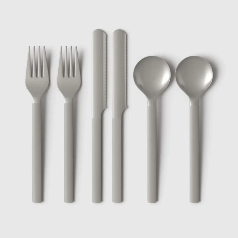 Room Essentials 6-piece black flatware set; two knives, two forks, two spoons; BPA-free plastic; dishwasher safe.