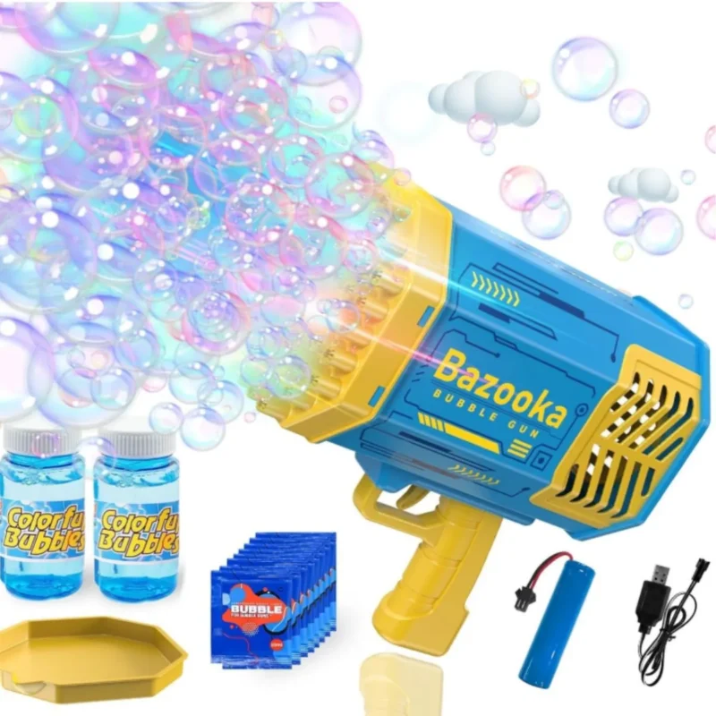 AIGUMI Bazooka Bubble Gun, blue, creating thousands of bubbles with LED lights.