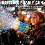 AIGUMI Bazooka Bubble Gun, blue, creating thousands of bubbles with LED lights.