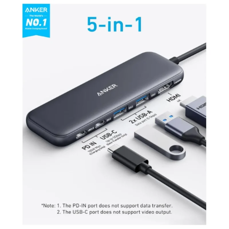 Anker 5-in-1 USB-C Hub Space Gray. Expand your laptop's connectivity with 4K HDMI, USB-A ports, and 85W power delivery.