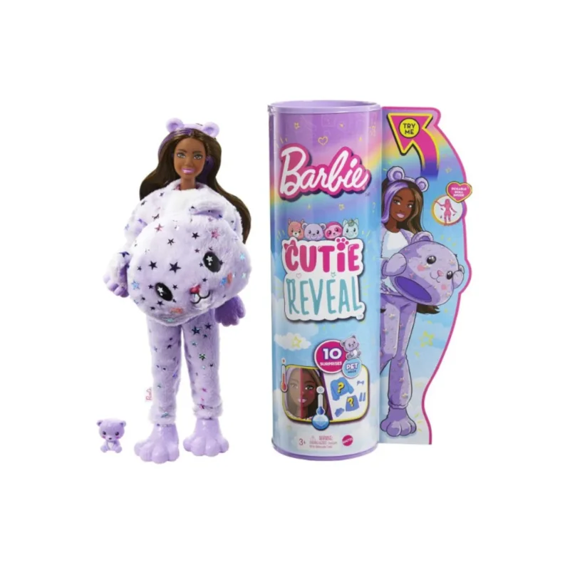 Barbie Cutie Reveal Teddy Bear Plush Doll with 10 Surprises, Mini Pet, Color Change, and Accessories.