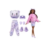Barbie Cutie Reveal Teddy Bear Plush Doll with 10 Surprises, Mini Pet, Color Change, and Accessories.