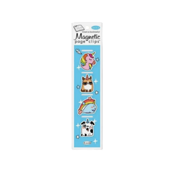 Pack of 4 cute animal magnetic bookmarks: unicorn, cat, whale, dog. Light blue.