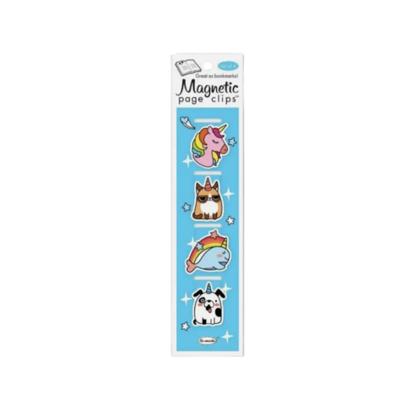 Pack of 4 cute animal magnetic bookmarks: unicorn, cat, whale, dog. Light blue.