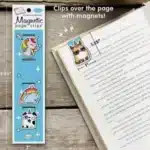 Pack of 4 cute animal magnetic bookmarks: unicorn, cat, whale, dog. Light blue.