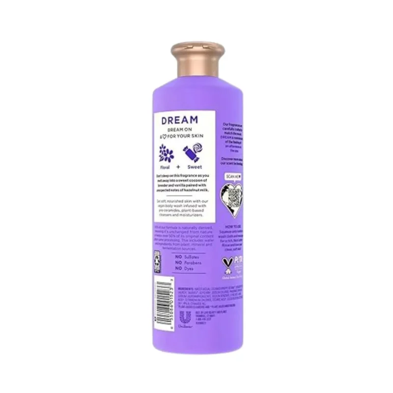 Beloved Dream Vegan Body Wash in purple bottle, lavender bouquet scent, pro-ceramides for soft skin.