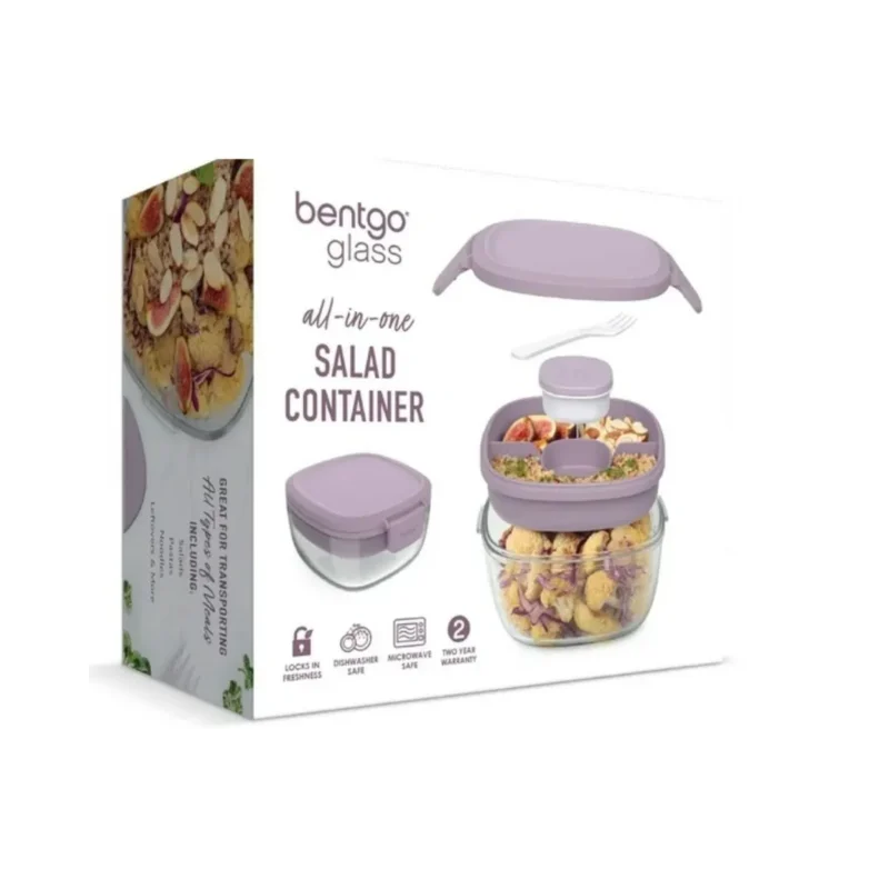Rose Bentgo Glass Leak-Proof Salad Container with large bowl & 4 compartments. Reusable fork included.