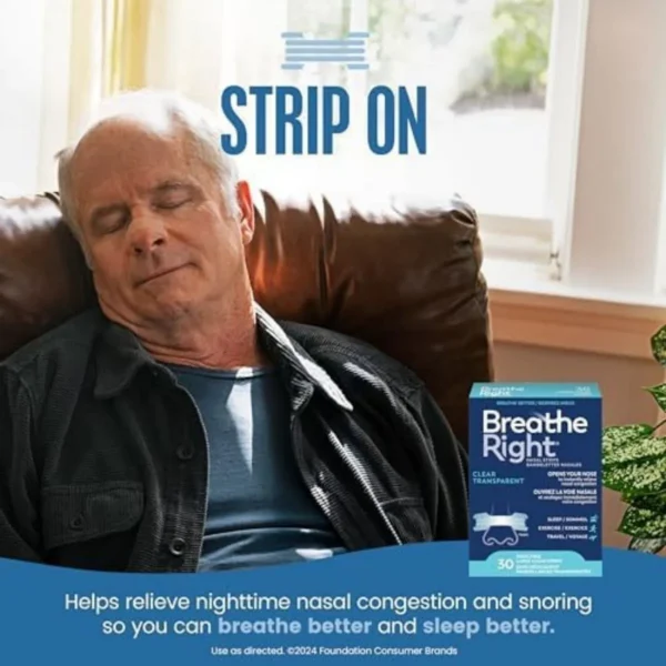 Breathe Right Clear Large nasal strips, 30 count, for snoring and congestion relief.