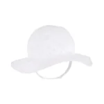 Adorable baby wearing a white and pink eyelet sun hat with a wide brim and chin strap.