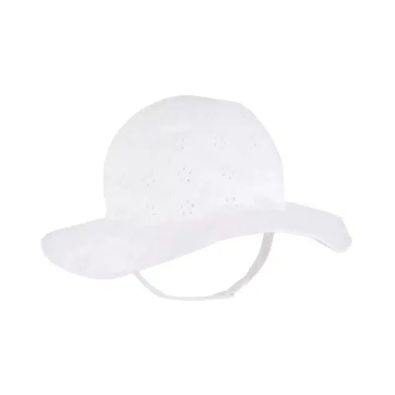 Adorable baby wearing a white and pink eyelet sun hat with a wide brim and chin strap.