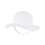 Adorable baby wearing a white and pink eyelet sun hat with a wide brim and chin strap.