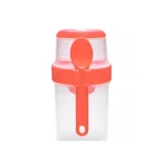 Coral red 20 oz multi-compartment cereal cup with spoon, perfect for healthy on-the-go meals.