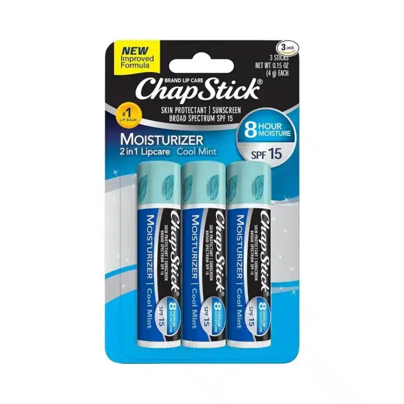 3-pack of ChapStick Cool Mint SPF 15 lip balm with aloe vera and vitamin E.