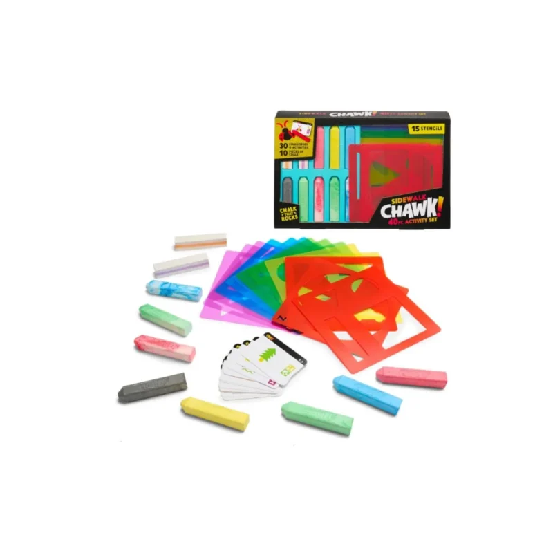 Chuckle & Roar 40-piece Sidewalk Chalk Activity Set with stencils, perfect for outdoor fun on any hard surface.