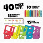 Chuckle & Roar 40-piece Sidewalk Chalk Activity Set with stencils, perfect for outdoor fun on any hard surface.